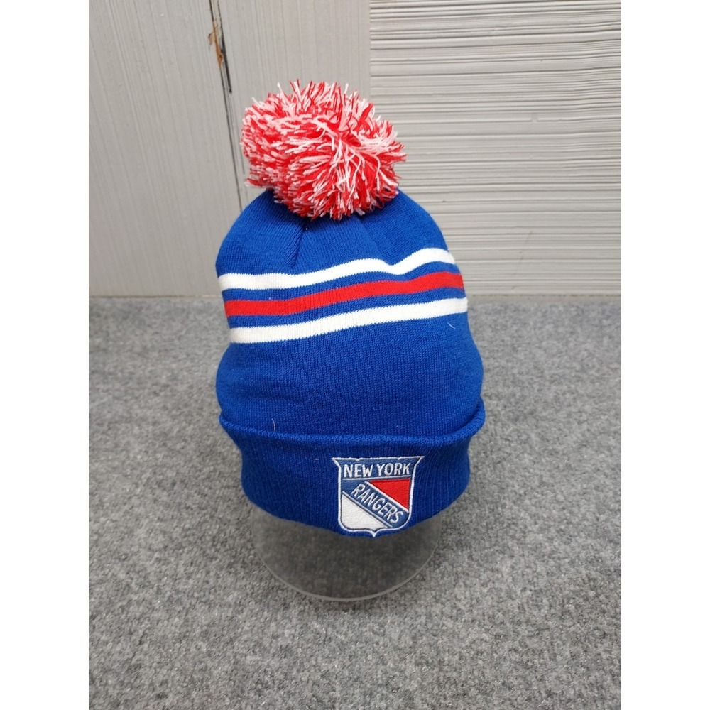 New York Rangers adidas Men Beanie‎ One Size Blue Striped Cuffed Knit with Pom